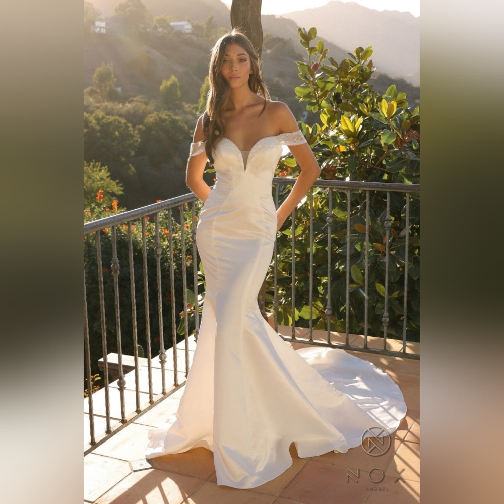 JW979 White Off The Shoulder Sequin And Satin Plunge Marmaid Wedding Dress